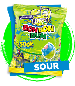 Sour apple-flavored lollipop filled with bubble gum.